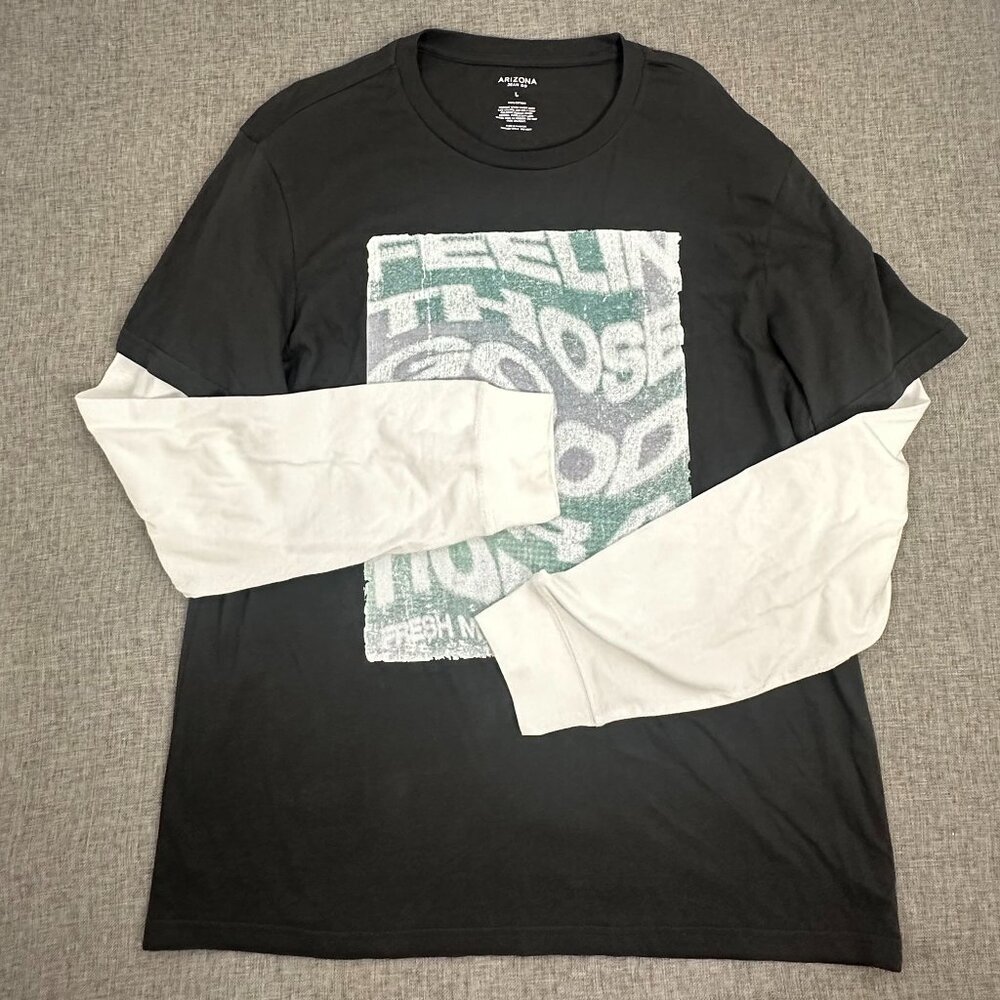 NEW Arizona Jean Mens Long Sleeve Shirt Black White L $36 Cotton Good Vibrations